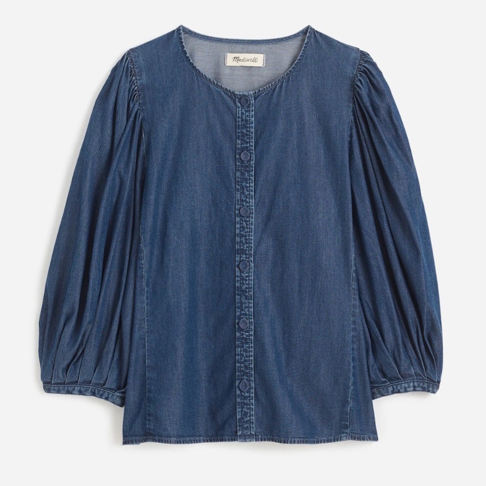 Denim Puff-Sleeve Button-Up Top